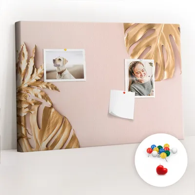 Obrázek produktu pro Korková nástěnka s kolíčky - Tabule s kolíky pro fotografie a poznámky - 60x40 cm - Připínáčky barevné 100 kusů - Zlaté tropické listy