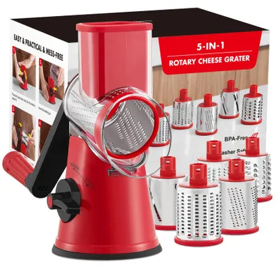 Produktbild von Käsereibe mit Kurbel, Gemüseschneider mit 5 Trommelblättern, Gemüsehobel für Käse, Eis, Nuss, Gurke, Karotte, Rot