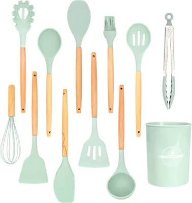 Produktbild von Intirilife 12-teiliges Küchenutensilien Set Küchenhelfer aus Silikon in Mint Grün - 12.5 x 32.5 cm - Antihaft Hitzebeständiges Kochbesteck mit Zange Schneebesen Pfannenwender Pinsel Schöpfkelle