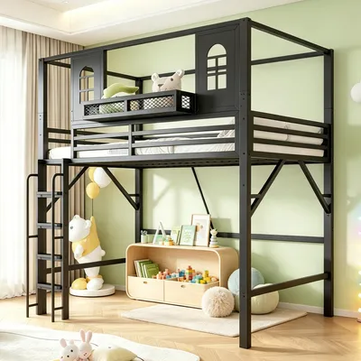 Image de Lit superposé Merax, dimensions 90x200 cm, avec toit, structure métallique, lit pour enfant avec échelle de sécurité, espace de jeu avec fenêtres et étagère, couleur noire