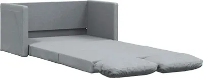 A light gray sofa bed is shown unfolded, with the mattress extended.