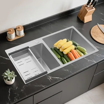 Immagine prodotto di Lavello da cucina in acciaio inossidabile a due vasche - Doppio lavello - Lavello da cucina in acciaio inossidabile - Lavello con griglia di scarico