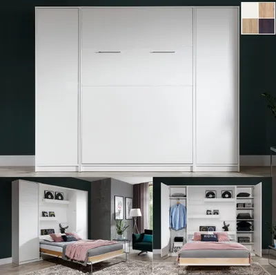 A collage of images showing a white wall bed with integrated cabinets, both closed and open, and a bedroom scene with the bed deployed.