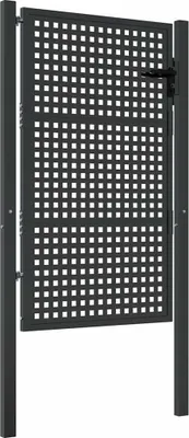 A dark gray metal garden gate with a grid pattern, mounted between two posts.