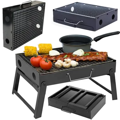 A collage of portable charcoal grills and food being cooked on a grill.