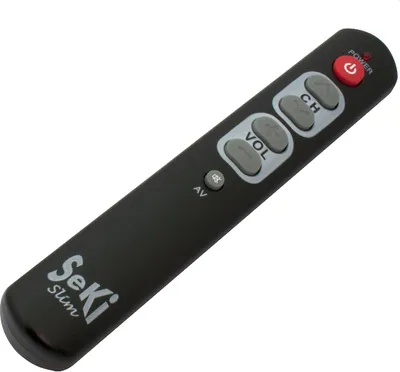 A black remote control with gray and red buttons is shown against a white background.