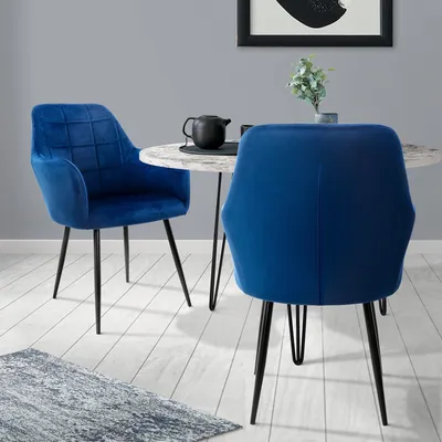 Zdjęcie produktu dla ML-Design  zestaw 2 krzeseł do jadalni z oparciem i podłokietnikami, ciemnoniebieskie, krzesło kuchenne z aksamitnym obiciem, tapicerowane krzesło z metalowymi nogami
