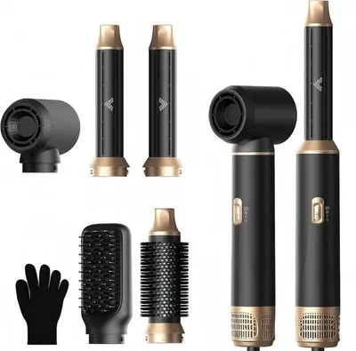 Produktbild von Fünf-in-ein-Styling-Set mit Föhn, Stiel, Bürste, Krüllstiel und Volumenbürste in Schwarz
