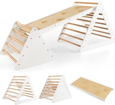 Produktbild von 3 in 1 Kletterdreieck mit Rutschbrett & Leiter, Indoor Klettergerüst klappbar, Holzdreieck Sprossendreieck Klettergerät, Kletterspielzeug Set aus Holz, für Kinder ab 3 Jahre (Weiß)