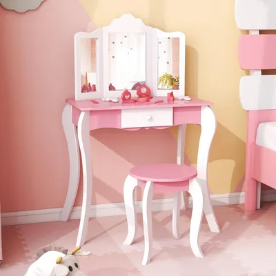 Produktbild von Schminktisch Kinder mit Hocker, Prinzessin Frisiertisch mit Schublade & abnehmbarem Spiegel, Kosmetiktisch Kinderschminktisch aus Holz für Mädchen ab 3 Jahren