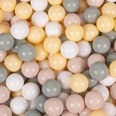 Zdjęcie produktu dla KiddyMoon plastikowe piłeczki 7cm pastelowy beż-zielonoszary-pastelowy żółty-biały 50 zabawka zestaw kulek