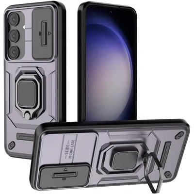 Obrázek produktu pro Pouzdro pro Samsung Galaxy S24 dvouvrstvé pouzdro s posuvnou ochranou kamery a držákem prstenu, stojánek Fialová