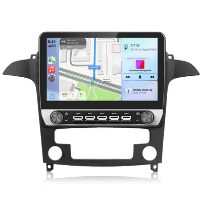 Obrázok produktu pre Hexinex 10,1-palcové autorádio s 2 GB RAM a 64 GB úložiskom, určené pre modely Ford S-Max WA6 (ročníky 2006-2015), s funkciami CarPlay, Android 15, GPS navigáciou, Wi-Fi, Bluetooth, FM rádiom, ovládaním z volantu (SWC) a 2DIN formátom, s USB portom