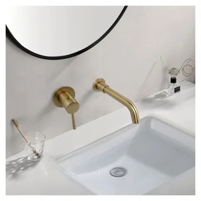 Produktbild von Wandmontierte Badarmatur, 360° schwenkbar, 2-Loch Wasserhahn für Waschbecken, gebürstetes Gold
