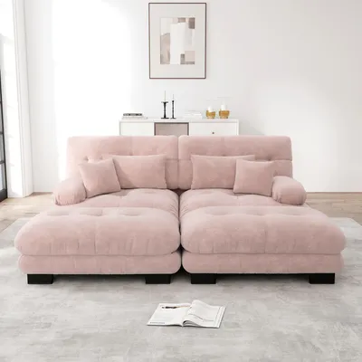 Produktbild von Ecksofa für Wohnzimmer aus Chenille, Polstersofa mit breiten Armlehnen, 2 Ottomans, 2 Lendenkissen & 2 Dekokissen