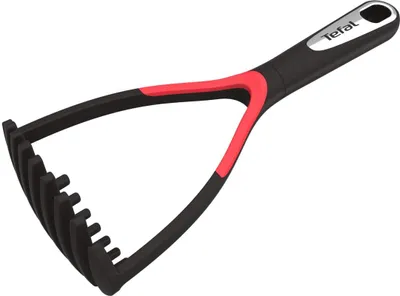 A black and red potato masher on a white background.
