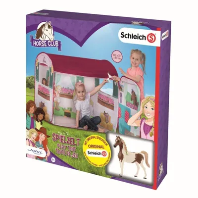 The image shows the packaging for a John Tent Pferdestallhaus play tent set, featuring children playing inside the tent and a horse figure.