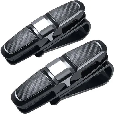 Image de Unyqoos® - Lot de 2 supports pour lunettes de voiture : chaque support pour 2 paires de lunettes + carte, clip rotatif à 180° pour lunettes de soleil, couleur argent, dimensions 9,8 x 2,6 x 4,3 cm (pour pare-soleil ≤ 2,5 cm)