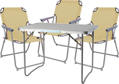 A camping table and three chairs are arranged on a white background.