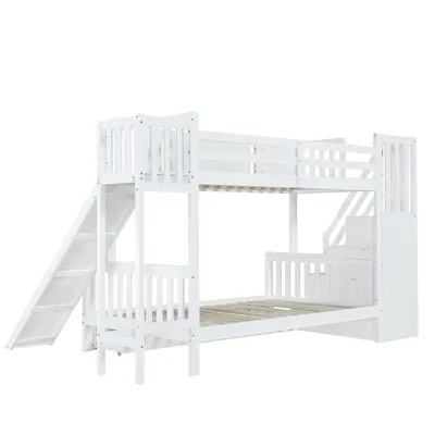 Produktbild von Merax Etagenbett Kinderbett 90x200 & 120x200 cm mit Rutsche & Fenster, Treppe mit Stauraum, Schublade mit Rollen, Abenteuerbett für Kinderzimmer
