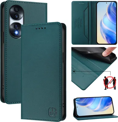 Produktbild von Lederhülle für Honor 70 Hülle Flip Brieftasche Kartenfächern Ständer Schutzhülle Dunkelgrün