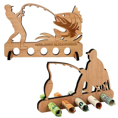 Produktbild von 2 hölzerne Fischerfiguren als Geschenk für Angler, Geldgeschenke zum Geburtstag, Geldgeschenke für Angler, Schreibtischdekorationen