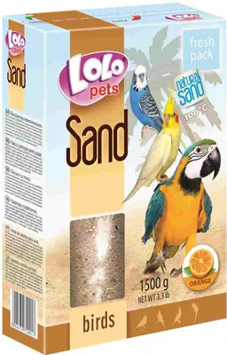 A product box for bird sand with images of birds and palm trees.