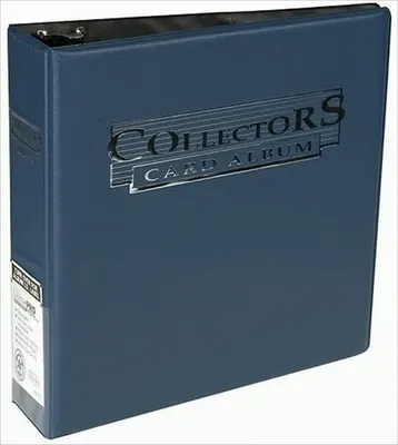 A blue binder for collecting cards.
