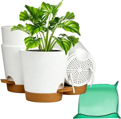 Image de Pot de fleurs de 17,7 cm, lot de 4, blanc, en plastique, avec soucoupe et système d'arrosage, pour intérieur