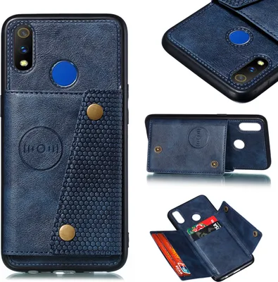 Produktbild von Für OPPO Realme 3 Kunstleder Flip Stand Shockproof Handyhülle doppelte Schnalle Anti-Staub-Gehäuse mit Card Slots Pocket blau