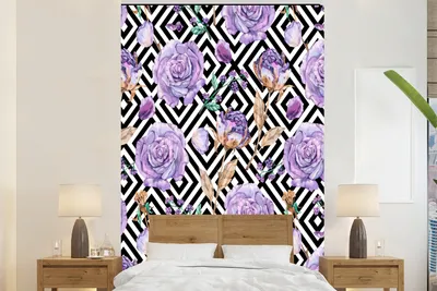 Produktbild von MuchoWow® Fototapete für Wohnzimmer oder Schlafzimmer Wandtapete Vinyl Motivtapete Blumen - Rosen - Lila - 225x350 cm - Schlafzimmer tapete