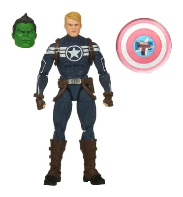 A Captain America action figure with accessories, including an alternate head and shield, displayed against a white background.