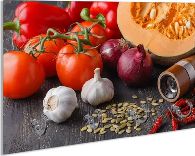 Produktbild von Wallario Schlüsselbrett aus Glas, Motiv: Kürbissuppe - Zutaten mit Tomaten, Knoblauch, Zwiebeln und Pfeffer, 30 x 20 cm mit 4 Haken