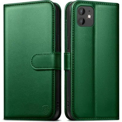 Produktbild von iPhone 11 Hülle Klapphülle Leder mit 6 Kartenfächern RFID Blocker Standfunktion Kiefergrün