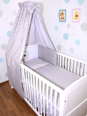Produktbild von Primawela Baby Bettwäsche Set mit Applikation- 6 teiliges Set mit Vollstoff Himmel Bettset Nestchen -17.Bärchen mit Herzen-Sterne auf Grau
