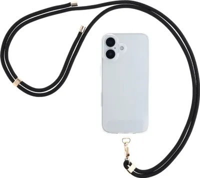 A black phone lanyard with gold accents is shown attached to a clear phone case on a white background.