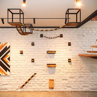 A wall-mounted cat climbing and scratching structure with shelves and a bridge.