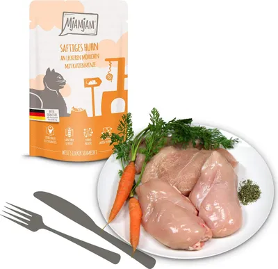 Produktbild von MjAMjAM Premium Nassfutter für Katzen, Mixpaket I, Huhn, Rind, 12 x 125 g, getreidefrei