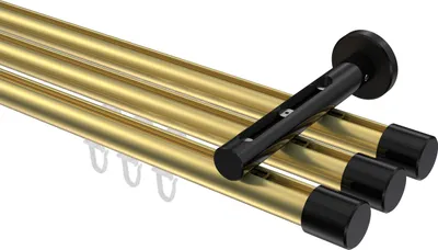 Produktbild von Interdeco Innenlaufstange / Gardinenstange mit Innenlauf Messing-Optik / Schwarz, Typ Siteno Santo (Kappe), 20 mm Ø 3-läufig, 240 cm