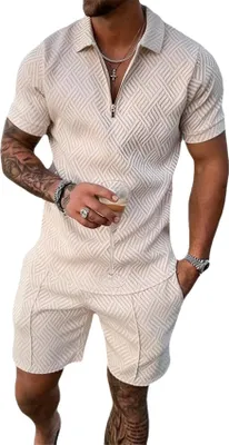 Image de ASKSA Hommes Survêtement d'été Polo Set T-shirts à manches courtes et shorts Tenue de loisirs, Beige, Taille : L