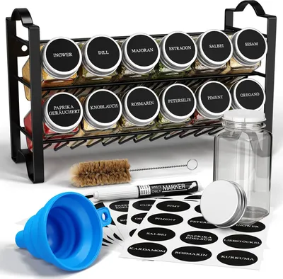 Produktbild von Deco Haus Gewürzregal mit Gewürzgläser - 2 stufiges Metall Regal - Küchen Organizer Set, Gewürzständer mit 12 Gewürzdosen, 48 Etiketten, Pinsel, Trichter - Stehend & hängend verwendbar