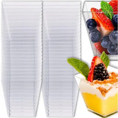 Obrázok produktu pre Poháre na dezerty 60 ml, 50 ks, s lyžičkami, priehľadné plastové poháre na dezerty, catering, párty