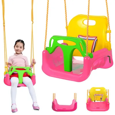 A young girl sits on a pink and yellow baby swing. The swing is shown from multiple angles in smaller inset images.