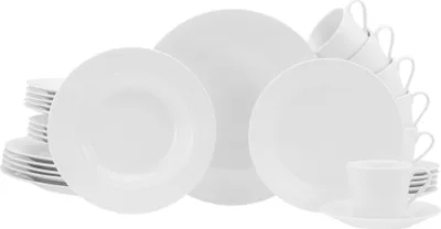 A collection of white porcelain dinnerware, including plates and cups, arranged on a white background.