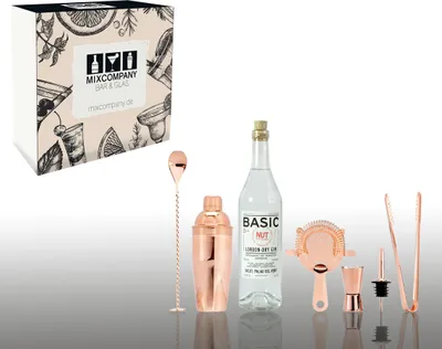 Produktbild von Nut Basic Geschenkset - Nut Basic London Dry Gin 0,7L 40% Vol. mit 6 teiligem Barset Cocktail Shaker - [Enthält Sulfite]