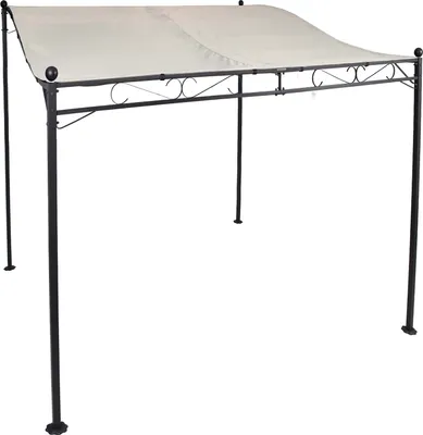 A freestanding gazebo with a beige canopy and black metal frame, shown against a white background.
