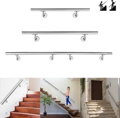 Zdjęcie produktu dla XINZI Pojedyncza poręcz ze stali nierdzewnej 150 cm - Szczotkowana stal z uchwytem ściennym/zaślepkami, stabilna i łatwa w montażu, do schodów wewnętrznych/garażowych