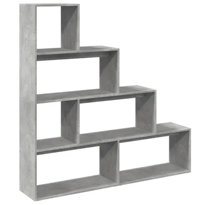 A concrete-effect bookshelf with multiple compartments arranged in a staggered, step-like design.