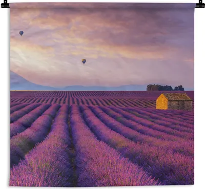 Produktbild von MuchoWow® Wandteppich Wandbehang Lavendel - Heißluftballon - Berg - Lila 150x150 cm Tapisserie Dekoration Wandtuch - Wohnaccessoires - Modernes