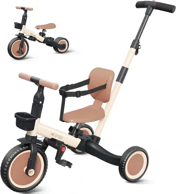 Obrázok produktu pre Trojkolesový bicykel 5 v 1 s nastaviteľným sedadlom, odnímateľnými pedálmi, rúčkou na tlačenie, pre deti vo veku 1-3 roky, farba: khaki